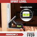 Arrow 7-Inch Aluminum Alloy Carpenter Square and 12-Inch Zinc Alloy Combination Square Set, Woodworking Rafter Layout Ruler Tool Combo