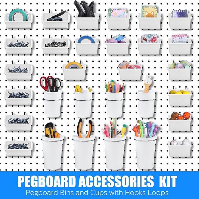 64 Pieces Pegboard Bins Pegboard Cups with Hooks and Loops Peg Hooks Assortment Organizer Accessory for Organizing Accessories Tools Storage Office Workshop Garage Workbench (White)