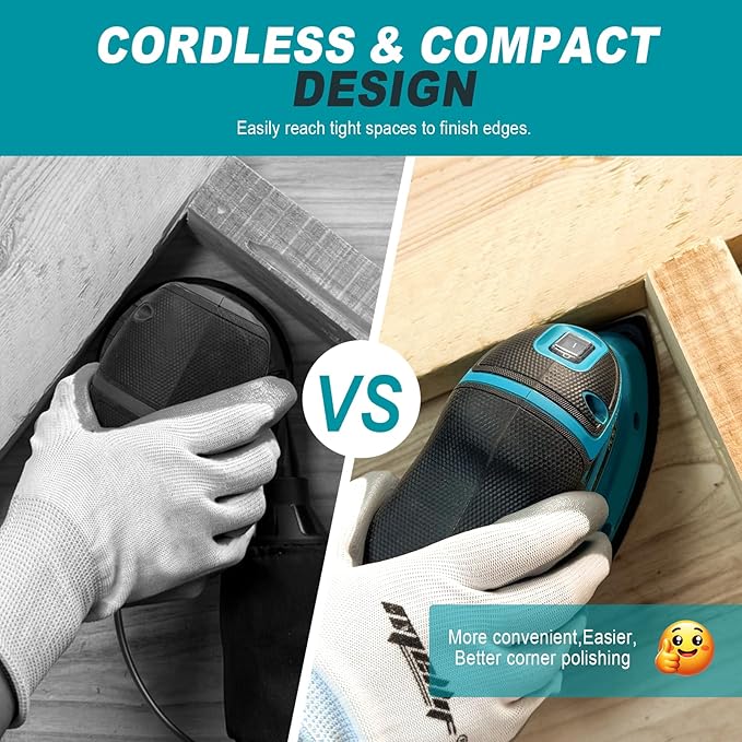1.9Amp Cordless Detail Sander Compatible with Makita 18v Battery, Dust Collector, Brushless 12,000 OPM Speed, Compact Soft Palm Grip, 10pcs Sanding Pads, 2.0Ah Charger & Battery Kit (Blue)