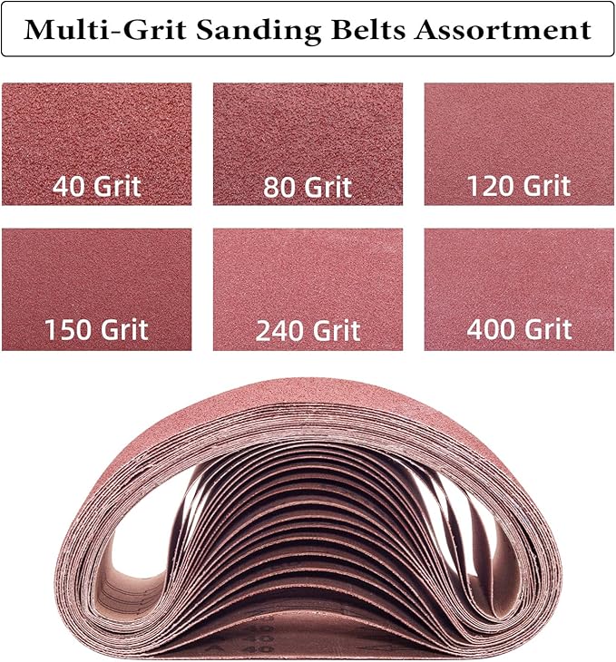 3 x 24 Sanding Belts, 3x24 Aluminum Oxide Sanding Belts for Belt Sander, 3 Each of 40/80/120/150/240/400 Assorted Grits Sanding Belts Assortment, 18 Pack(3x24in)