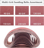 3 x 24 Sanding Belts, 3x24 Aluminum Oxide Sanding Belts for Belt Sander, 3 Each of 40/80/120/150/240/400 Assorted Grits Sanding Belts Assortment, 18 Pack(3x24in)
