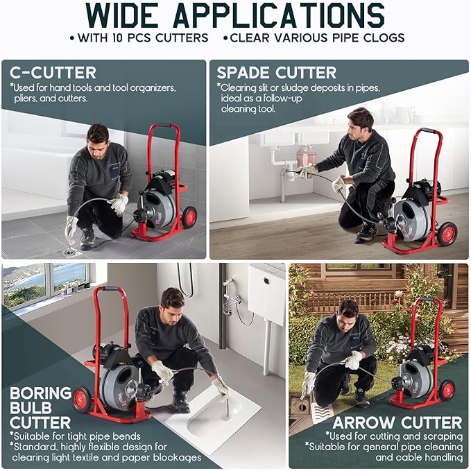 Albott 100 FT x 3/8 inch Electric Drain Cleaner Machine with Auto-Feed & 10 Cutters, Sewer Snake Auger for 1–4 Inch Pipes, Foot Switch & Wheels, Ideal for Home & Commercial Use, Gray/Red