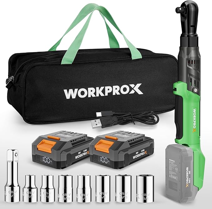 WORKPROX Electric Ratchet Wrench 1/2" Set, 20V Cordless Ratchet Wrench Kit, 74Ft-lbs, 250RPM, Battery Powered Ratchet with LED Light, 2-Pack 2000mAh Batteries, 7 Sockets & 3" Extension Bar