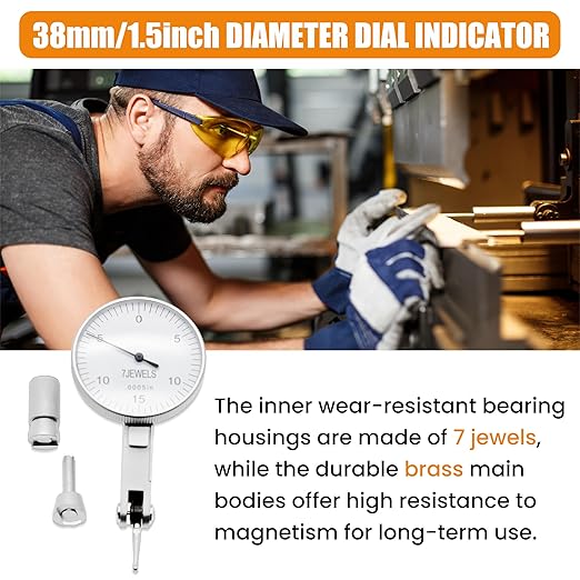 0.0005" Dial Indicator Brass Test Indicator with 7 Jewels Bearings Accuracy 0.0004 Big Face Imperial Dial Indicator for Machinist Engineer Inspection Measurement (Model 201-0066)