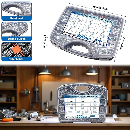 smseace 900Pcs Pop Rivets Assortment Kit Packed in Handheld Box 14-Sizes (3/32 inch1/8 inch5/32 inch3/16 inch1/4 inch) Assorted Blind Rivets for Metal,Furniture,Automotive,Instrument