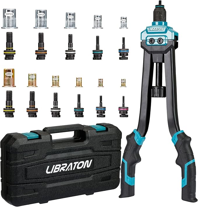 LIBRATON 16" Rivet Nut Tool, Rivet Nut Gun, Hand Rivet Nut Setter with 110PCS Rivet Nuts, 11PCS Metric & SAE Interchangeable Mandrels and Carrying Case, Easy Replace
