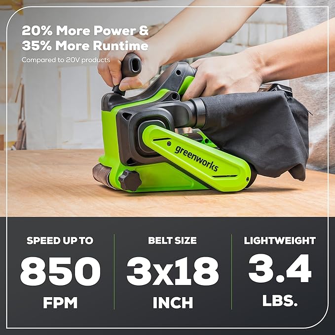 Greenworks 24V Brushless Cordless 3in. x 18in. Belt Sander Kit with Dust Bag and 60 Grit Sandpaper, Tool Only