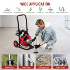Auto Feed 75 FT x 1/2 Inch Drain Cleaner Machine with 250W Motor, Portable Sewer Snake Auger with 8 Cutters & Air-activated Foot Switch, Fits 1" to 4" Pipes, Black & Red