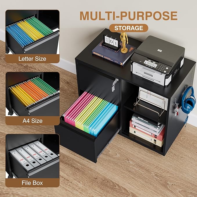 Lateral 2 Drawer Filing Cabinet with Lock, Mobile File Cabinet on Wheels, Printer Stand with Storage for Legal/Letter/A4 File Folders (Blcak)