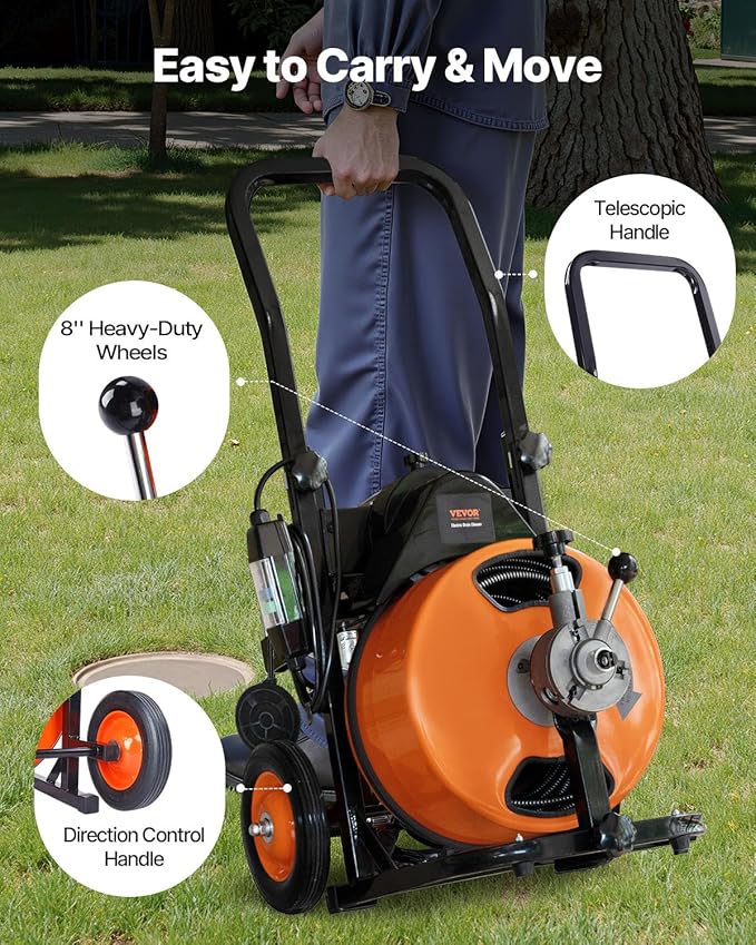 VEVOR 100 FT x 1/2 Inch Drain Cleaner Machine, Sewer Snake Auger Auto Feed with 4 Cutter & Air-activated Foot Switch for 2" to 4" Pipes, Orange, Black