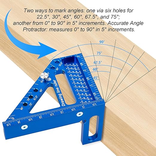 Premium Versatile Multi-Angle Carpenter Square Measuring Ruler for Woodworking, Engineering, and Construction (22.5-90 Degrees with Angle Pin) (Blue)