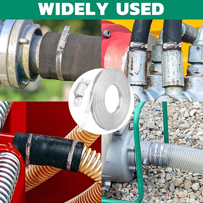 20FT Hose Clamps,304 Stainless Steel Hose Clamp Assortment Kit DIY Metal Strapping with Holes+10 Fasteners,Adjustable Worm Gear Large Hose Clamps Metal Band Screw Clamp Straps for Pipe,Duct,Tube