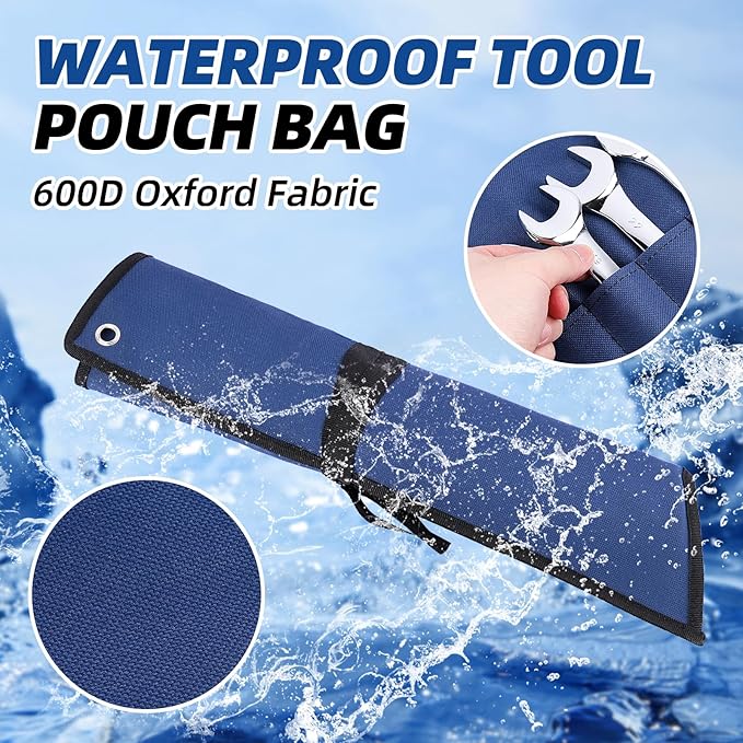 16 Pockets Wrench Roll Organizer, Rolled Tool Pouch Bag with Water Proof Oxford Cloth, Blue