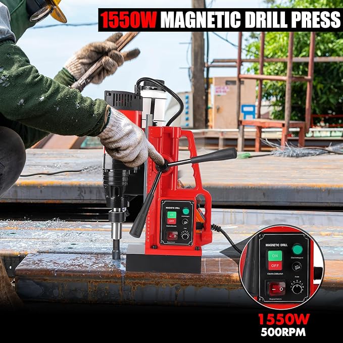1550W Magnetic Drill Press, 500RPM Portable Mag Drill Press with 2 Inch Boring Diameter, 10-Speed Core Drilling Machine, Single Track Electric Drilling Tool for Metal Working, Industrial