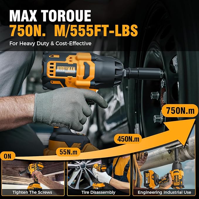 Alloyman 1/2 inch Impact Wrench Cordless, (750 N.m) 555 Ft-lbs Hight Torque Wrench,20V Power Impact Driver, Brushless Motor 2000 RPM, 2x 4.0AH Li-ion Battery,Charger,6 Sockets,3 Extension Bars