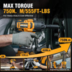 Alloyman 1/2 inch Cordless Impact Wrench, (750 N.m) 555 Ft-lbs Hight Torque Electric Impact Gun,20V Power Impact Driver, Brushless Motor 2000 RPM, 6 Sockets,3 Extension Bars, 4.0AH Li-ion Battery