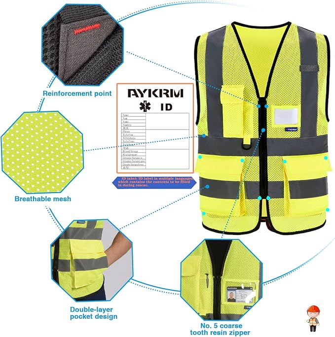 A-SAFETY High Visibility Mesh Safety Reflective Vest with Pockets and Zipper,Hi Vis Viz Reflective Safety Vest(Yellow Mesh S)