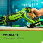 Greenworks 24V Cordless Brushless Reciprocating Saw, 3,000 SPM, 1" Stroke Length, Compact Design, Includes 2.0Ah Battery & Charger