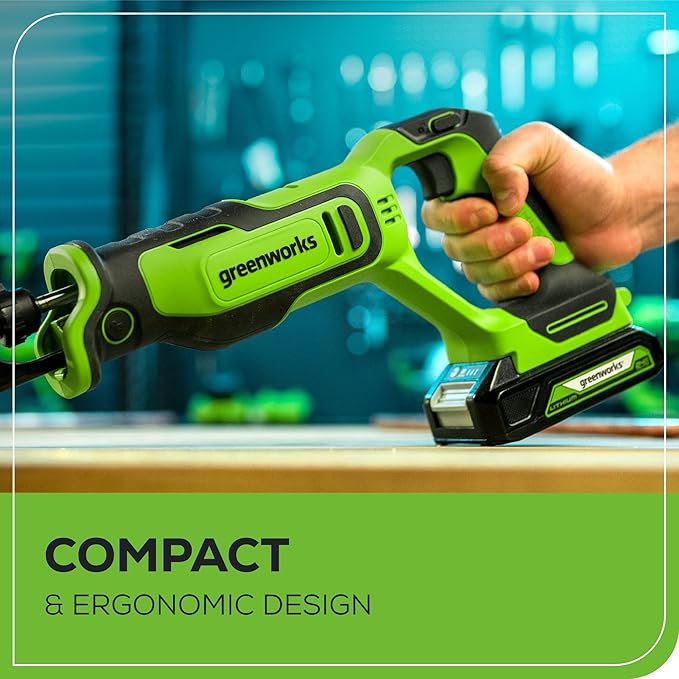 Greenworks 24V Cordless Brushless Reciprocating Saw, 3,000 SPM, 1" Stroke Length, Compact Design, Includes 2.0Ah Battery & Charger