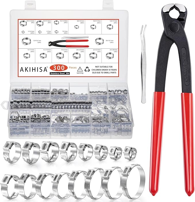 AKIHISA 300pcs 16 Sizes Single Ear Hose Clamps, 5.3-36.1mm Stainless Steel_304 Crimp Hose Clamps Cinch Rings Assortment Kit for Automotive, Pipe, Plumbing