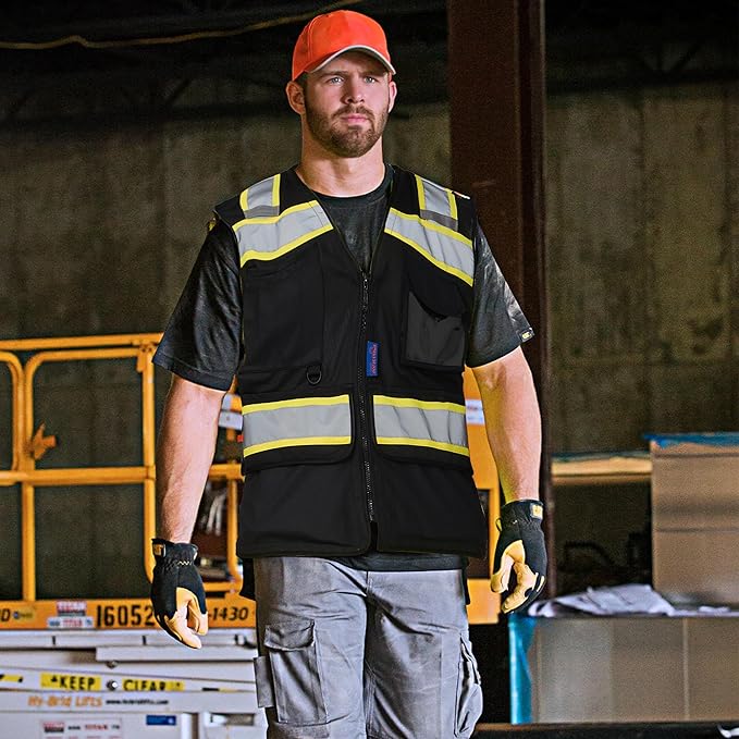 A-SAFETY High Vis Reflective Safety Vest for Men Women Zipper Ipad Pockets Mesh Construction Apparel Neon Vest for Work
