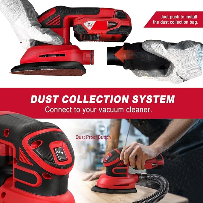 1.9Amp Cordless Detail Sander Compatible with Milwaukee 18v Battery, Dust Collector, Brushless 12,000 OPM Speed, Compact Soft Palm Grip, 10pcs Sanding Pads, 2.0Ah Charger & Battery Kit (Red)