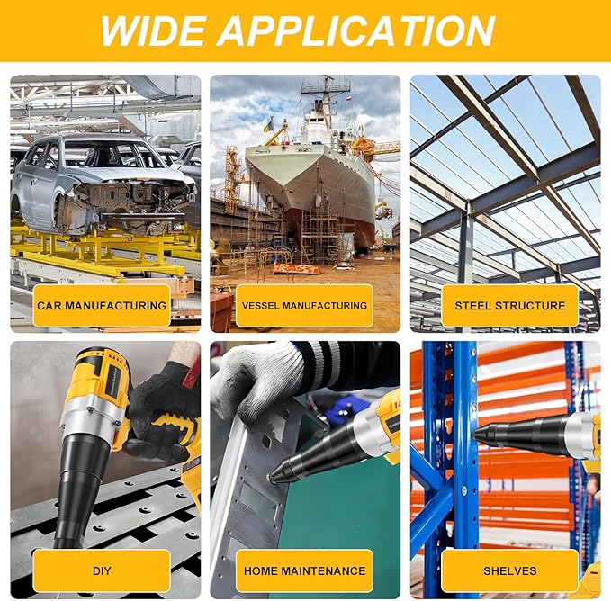 YEARTOP Cordless Rivet Tool for De-Walt 20V Max Battery, Electric Rivet Tool Kit for 3 Size (1/8'', 5/32'', 3/16") Rivets, Blind Pop Rivet Gun with 100PCS 5/32'' Rivets for Metal, Plastic(No Battery)