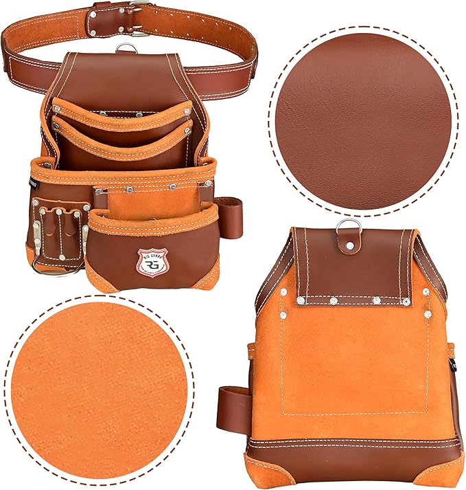 Leather Tool Belt 8 Pockets Leather Tool Pouch | Carpenters Tool Belts For Men Construction Tools Apron Tool Bag Organizer Utility Pouches (Maroon, Standard)