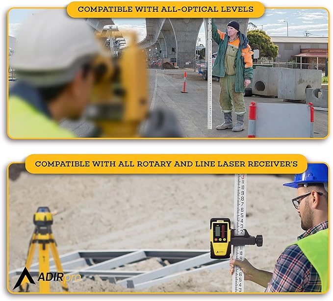 AdirPro 9-Foot Aluminum Grade Rod – 8ths, Dual Sided 5-Section Telescopic Leveling Rod – Bubble Level and Soft Carrying Case Included