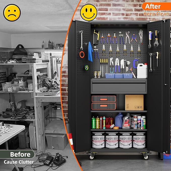 Aobabo Metal Storage Cabinet with Wheels and Adjustable Pegboard, Steel Rolling Tool Cabinet with 16 Hooks and 1 Interior Drawers for Garage, Home, Office, Kitchen, Black, Assembly Required