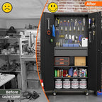 Aobabo Metal Storage Cabinet with Wheels and Adjustable Pegboard, Steel Rolling Tool Cabinet with 16 Hooks and 1 Interior Drawers for Garage, Home, Office, Kitchen, Black, Assembly Required