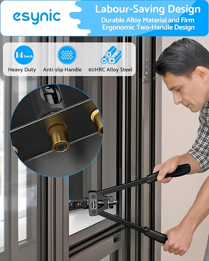 eSynic Professional Rivet Nut Tool Kit - 14" Heavy Duty Rivnut Gun with 6 Mandrels & 80pcs Nuts- Metric & SAE Thread Set for Metal/Wood/Auto Repair, Ergonomic Comfort Grips & Carrying Case Included