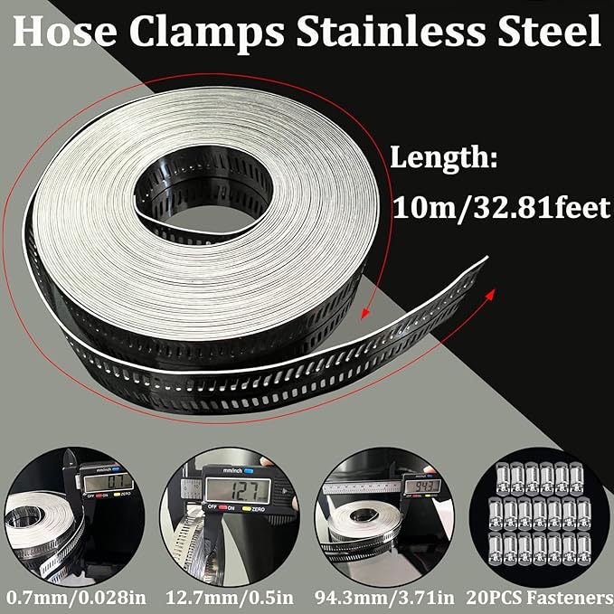 Hose Clamps Assortment Kit, Worm Gear Duct Pipe Hose, 304 Stainless Steel Band Fittings Strap, 32.81FT DIY Large Adjustable Metal Bolt with 20 Stronger Fasteners Screw for Plumbing Auto Tube Fuel Line
