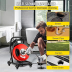 VEVOR 50FT x 1/2Inch Sewer Snake Cleaning Machine on 4 Wheels Electri Drain Auger with 4 Cutters & Foot Switch for 1''-4'' Pipes, Red, Black