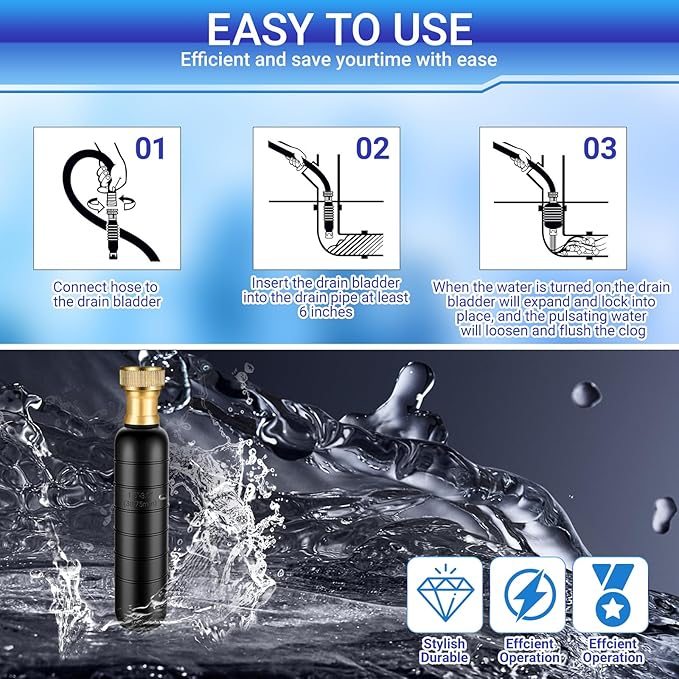 Drain Cleaning Bladder- Fits 1" to 2" Pipes, 3/4" Hose Thread Valve,Ideal for Sinks, Showers, Tubs & Sewer Lines, Rubber, Easy Daily Use, Cold Water Only (M:1.5" to 3")