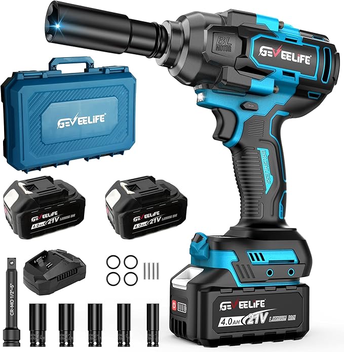 1200N.m (900Ft-lbs) Brushless Impact Wrench, 1/2" Cordless Impact Driver with 2x 4.0Ah Battery, Fast Charger & 5 Sockets, High Torque, Electric Impact Gun for Car/Truck/RV/Mower