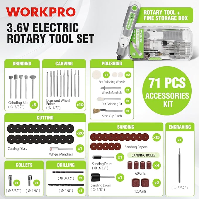 WORKPRO Cordless Rotary Tool Kit with 71pcs Accessories, 3 Variable Speeds, USB Rechargeable Mini Rotary Tool for Engraving, Sanding, Polishing, Carving, Cutting, DIY Crafts
