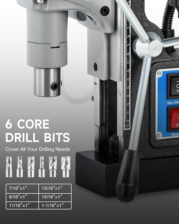 ZELCAN Mag Drill Press with 6 Drill Bits, 1550W Portable Magnetic Press with 2" Boring Diameter, 0-580 rpm Stepless Speed & Reversible Direction, 2922 lbf Power Magnetic