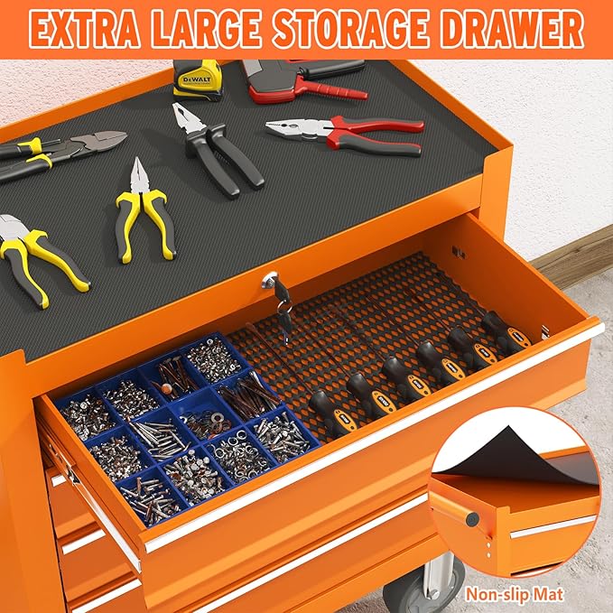 5 Drawers Large Capacity Tool Box, Metal Rolling Tool Chest with Wheels and Drawers, Tool Storage Cabinet with Keyed Locking, Tool Organizer Box for Garage, Workshop, Warehouse (Orange)