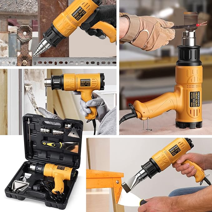 SEEKONE Heat Gun 1800W Heavy Duty Hot Air Gun Kit With Carry Case Variable Temperature Control 122℉-1112℉（50℃- 600℃） Overload Protection with 4 Nozzles for Crafts, Shrinking PVC, Stripping Paint