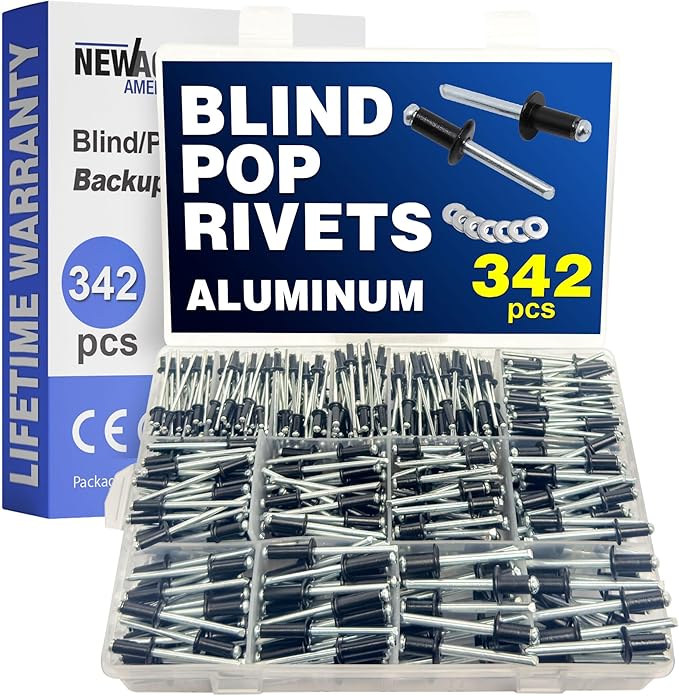 New Age America® 342pcs Blind Pop Rivets & Backup Washers | 3/32" to 1/4" | Black | 14 Sizes | SAE Size Aluminum Rivets & 304 Stainless Steel Backup Washers | Rivet Kit w Steel Mandrel | Labelled Case