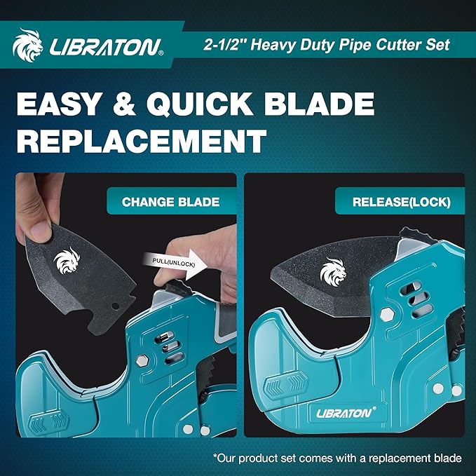 Libraton PVC Pipe Cutter, Up to 2-1/2", Ratchet Pipe Cutter Tool for PEX, PVC, PPR Plastic Hoses Plumbing, Heavy-Duty Pipe Cutter with Deburring Tool Replacement Blade, 2 Adjustable Cutting Ranges