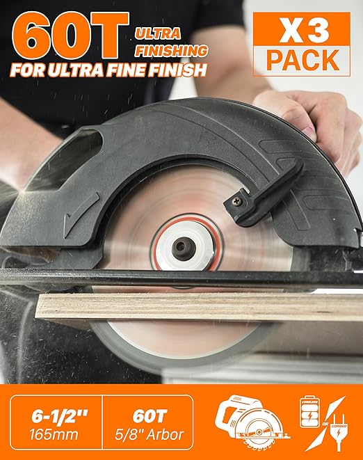 EASEWORK 6-1/2 Inch Circular Saw Blade, 60T, 5/8" Arbor, ATB Carbide Teeth, 3-Pack, Ultra-Fine Finishing for Softwood & Hardwood Crosscutting, Fits DEWALT DCS391B, DCS565B, Makita XSS02Z