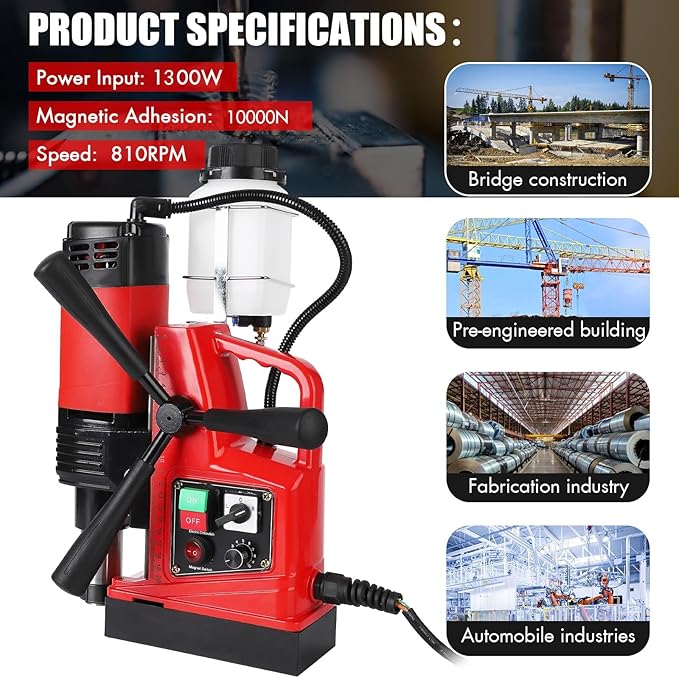 Magnetic Drill Press with 11 Coring Bits, 1300W Motor 1.6" in Boring Diameter, 2922lbf lbf Electric Portable Mag Drill Press Machine for Metal Surface, Home Improvement Industry