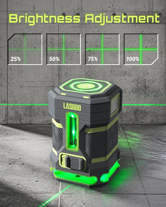 Green Laser Level Self Leveling, 360° Horizontal Laser with Vertical Laser Line, 4 Brightness Levels Pulse Mode for Floor Tile Wall Construction, L-Bracket, Batteries and Carry Bag Included