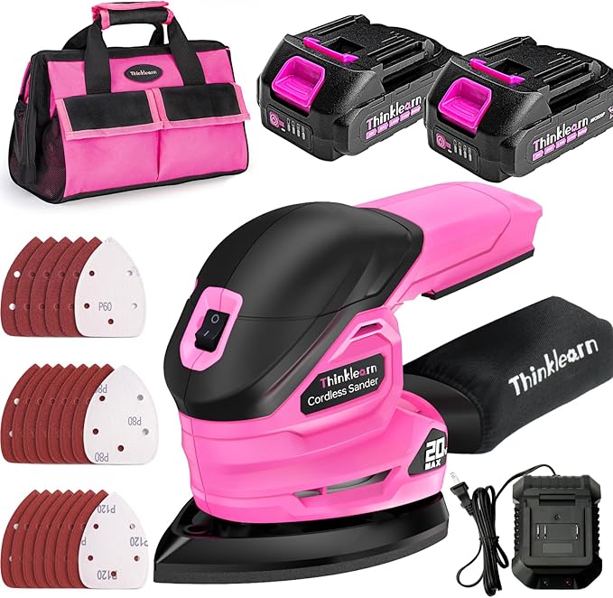 Cordless Detail Sander with 2Pcs Batteries and Charger, 20V 2Amp Electric Power Hand Sander with 22Pcs Sandpapers & Dust Collection System, Palm Sanding Tool for Woodworking, Polishing Wood Furniture