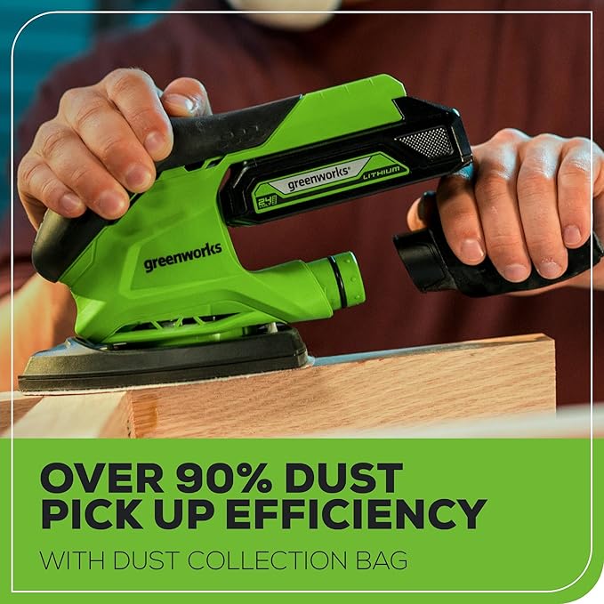 Greenworks 24V Cordless Mouse Detail Sander, Wood Sander with 11,000 OPM, Removable Dust Collection Bag, 2Ah Battery & Charger