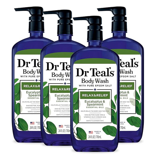 Dr Teal's Body Wash with Pure Epsom Salt, Relax & Relief with Eucalyptus & Spearmint, 24 fl oz (Pack of 4) (Packaging May Vary)-VeraVaultWomen
