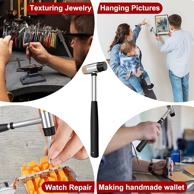 Small Brass Hammer with 4 Interchangeable 1-Inch Heads: Brass, Nylon, Aluminum, Rubber, Hammer Mallet for Jewelry, DIY Projects and More