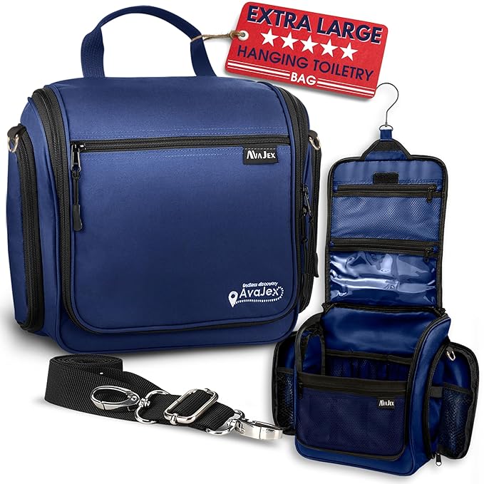 Extra Large Hanging Travel Toiletry Bag for Men and Women - Cosmetic Travel Bag With Shoulder Strap - Waterproof Hygiene Bag with Metal Xxl Swivel Hook and 19 Compartments for Toiletries